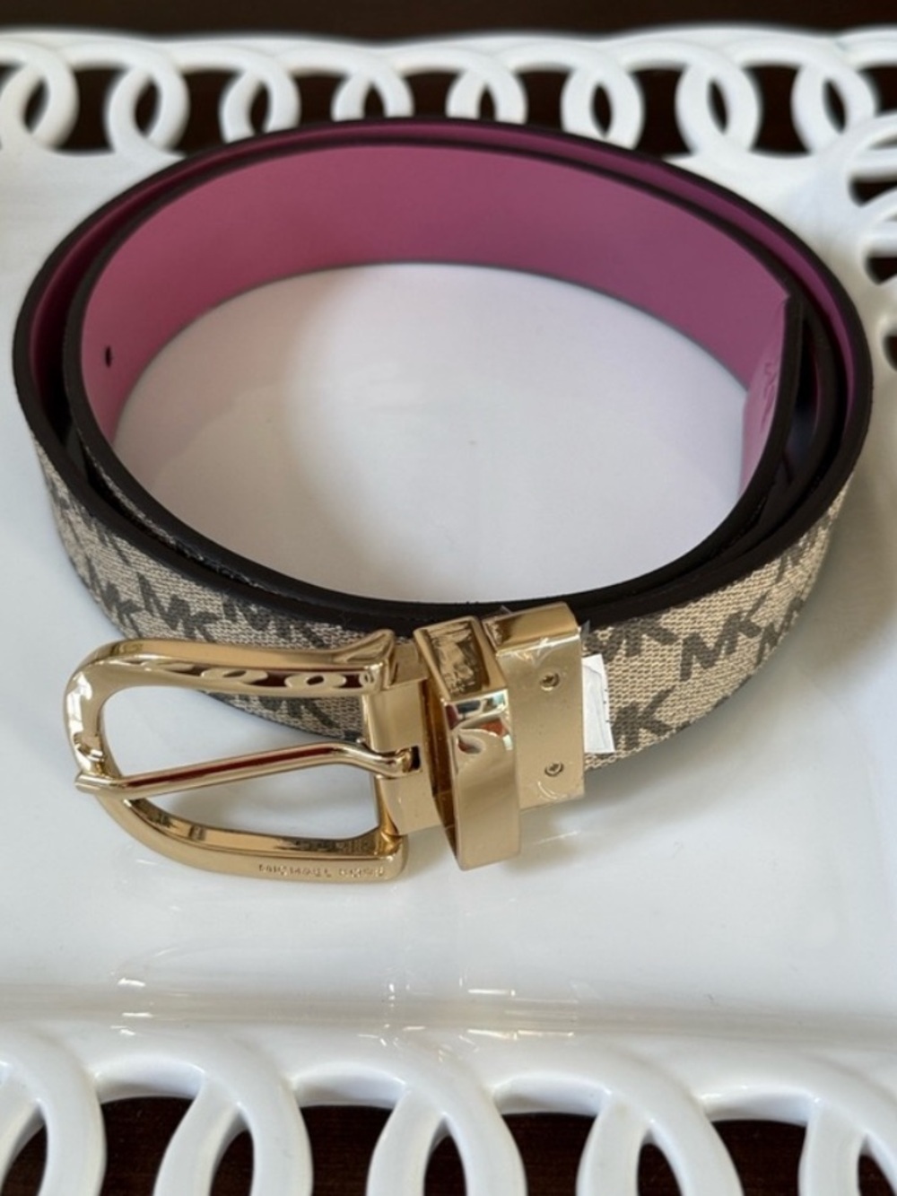 Michael Kors Beige Logo Reversible Belt with Pink Interior and Gold Buckle
